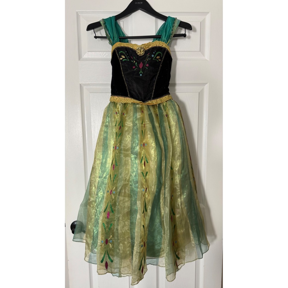 Disney Store Frozen Anna Coronation Costume Dress Girls 7/8 Green Gold Black